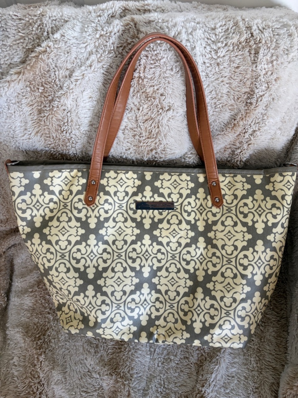 Petunia Pickle Bottom diaper bag in Cream and Brown with Patterned Canvas